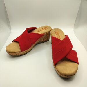 2/$30 Skechers Red Tan Wedge Cross Strap Slip‎ On Sandals Womens Size 7 Summer